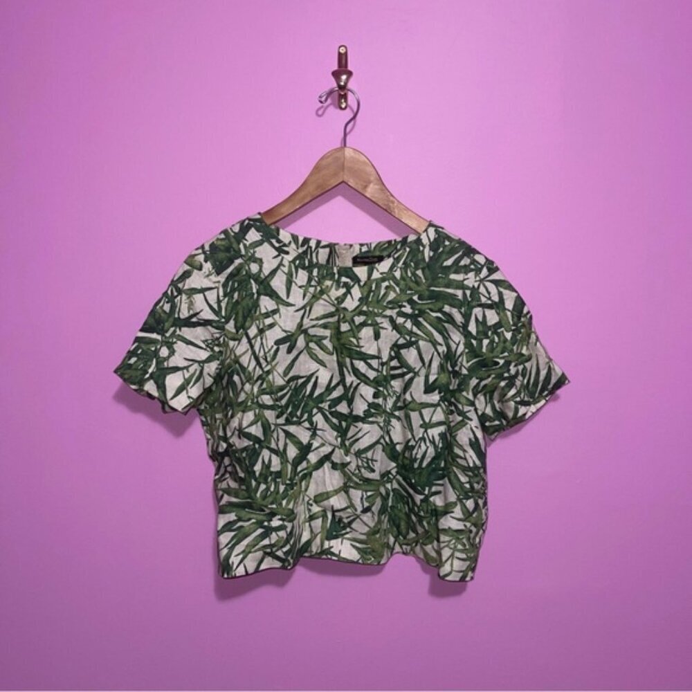 Massimo Dutti Top Women's Size 10 US Tan Linen Tropical Print Short Sleeve Crop - Picture 2 of 13